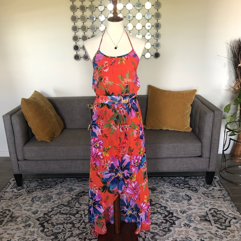 Bisou Bisou Orange High Low Tropical Dress